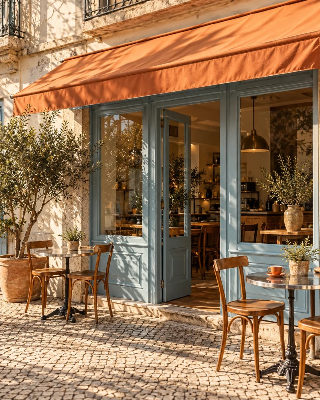 Esplanada de um café de bairro, com portas azuis e luz de fim de tarde — imagem conceptual